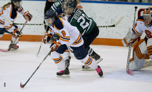 Brittney Krebs and Syracuse fell to Mercyhurst 3-2 on Saturday. The Orange is now five points behind the Lakers in the College Hockey America conference standings.