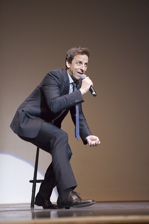 Seth Meyers, Saturday Night Live writer, engages the sold-out crowd in Goldstein Auditorium Wednesday evening during his standup comedy set