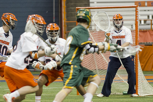 Bobby Wardwell stands in net during Syracuse's 19-7 win over Siena on Monday. He recorded five saves in about 24 minutes.