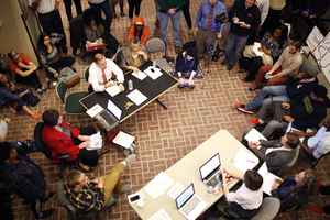 Student protesters met with Chancellor Kent Syverud in the lobby of Crouse-Hinds Hall on Wednesday night to discuss their list of grievances and demands.