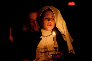 Ezekiel Edmonds and Olivia Hayhurst perform William Shakespeare’s “Measure for Measure,” at the Syracuse Stage/SU Drama Complex. The department put a modern twist on the Shakespearean classic.  