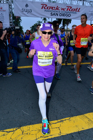 92-year-old Harriette Thompson gets started at the Rock 'n' Roll San Diego Marathon. She completed the marathon with a time of 7:24:36. 