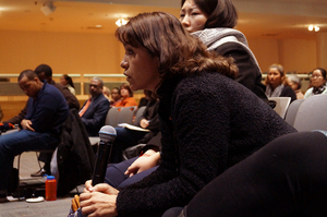 A faculty member speaks about her experiences with microaggressions and suggests ways to improve diversity and inclusion on campus during a listening session organized by the Chancellor's Working Group on Diversity and Inclusion. 