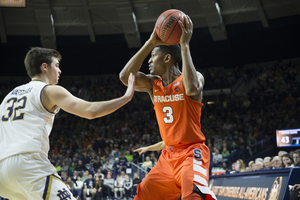 Steve Vasturia (left) had 11 points, combining with three other UND players who scored more than him to rout SU. 