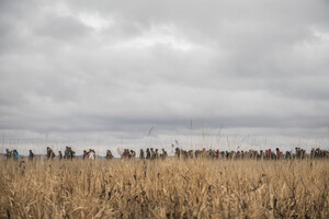 Women march from the Geo Dome in the Oceti Sakowin camp on Thanksgiving Day to show support after the initial wave of protectors gathered at the river.