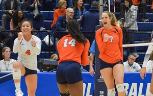 Aliah Bowllan, Jalissa Trotter and Ella Saada celebrate a point in Syracuse's win on Friday.