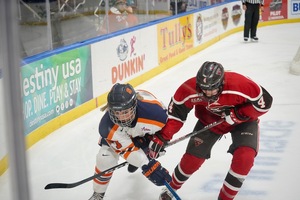 Victoria Klimek (pictured last season against St. Lawrence) was named CHA Player of Week after scoring three goals in two games against Penn State.