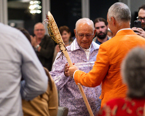 Sid Jamieson (left), the recipient of the inaugural Alfie Jacques Ambassador Award with Virginia men's lacrosse head coach Lars Tiffany (right).