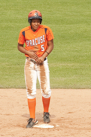 Veronica Grant brushes herself off in the midst of Syracuses doubleheader sweep over St. Johns on Wednesday. Grant went 2-for-4 with a home run in the two contests.